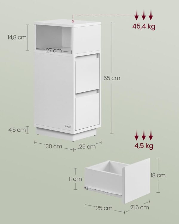 VASAGLE Set 2 noptiere inguste cu 2 sertare si compartiment deschis reversibil, PAL si MDF, 30x25x65 cm, alb - imagine 2
