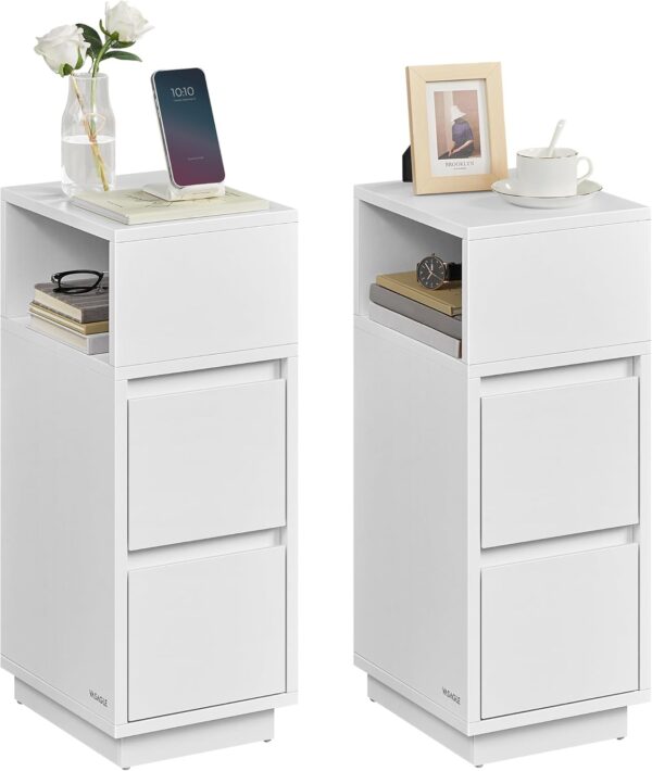 VASAGLE Set 2 noptiere inguste cu 2 sertare si compartiment deschis reversibil, PAL si MDF, 30x25x65 cm, alb - imagine 4