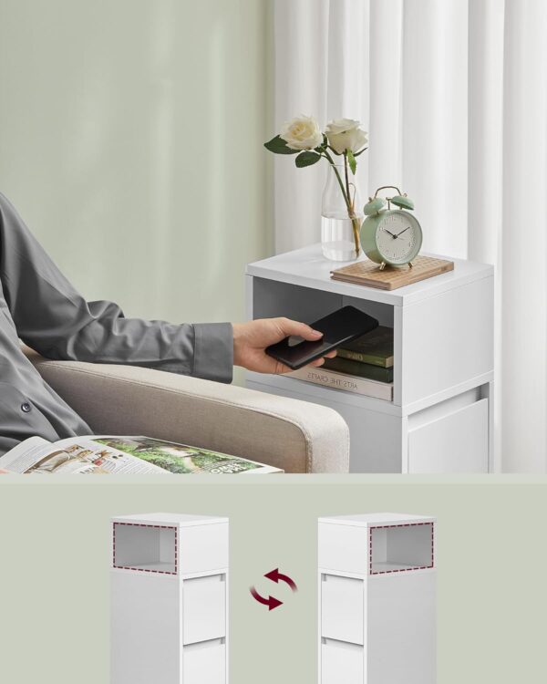 VASAGLE Set 2 noptiere inguste cu 2 sertare si compartiment deschis reversibil, PAL si MDF, 30x25x65 cm, alb - imagine 5