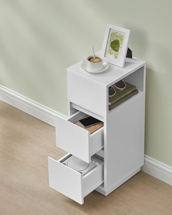 VASAGLE Set 2 noptiere inguste cu 2 sertare si compartiment deschis reversibil, PAL si MDF, 30x25x65 cm, alb - imagine 8