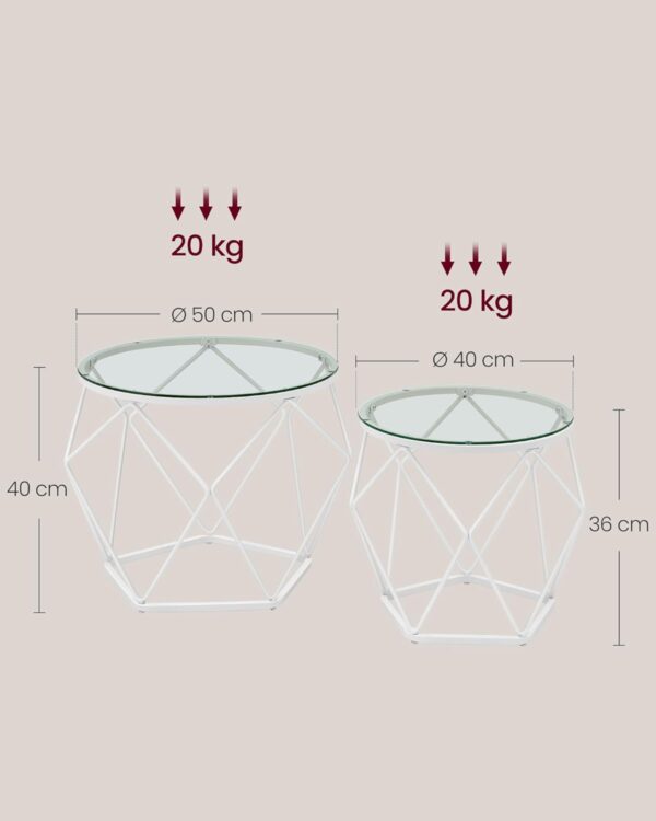 VASAGLE Set 2 masute rotunde, blat sticla securizata, cadru metalic alb, 40 si 50 cm, alb - imagine 2
