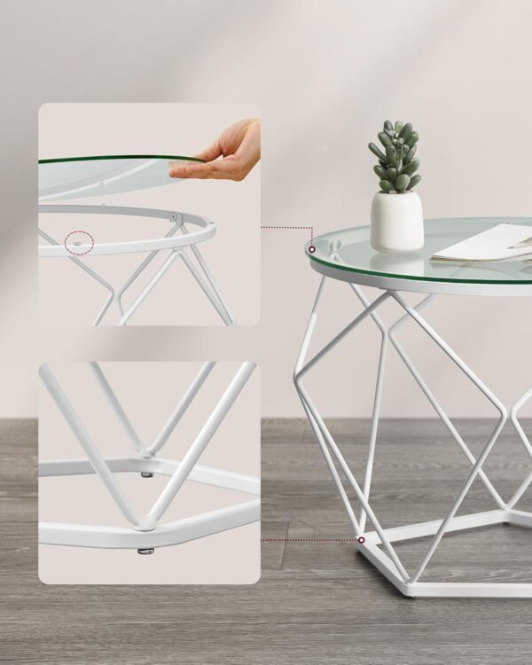 VASAGLE Set 2 masute rotunde, blat sticla securizata, cadru metalic alb, 40 si 50 cm, alb - imagine 4