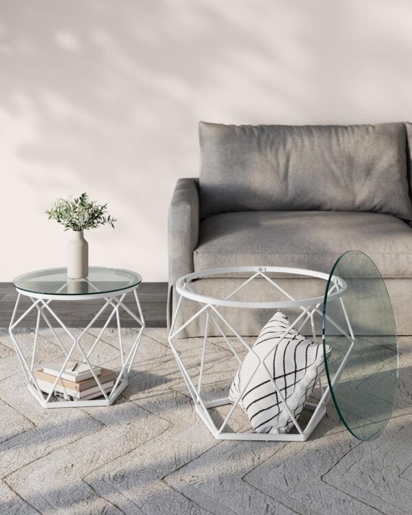 VASAGLE Set 2 masute rotunde, blat sticla securizata, cadru metalic alb, 40 si 50 cm, alb - imagine 5
