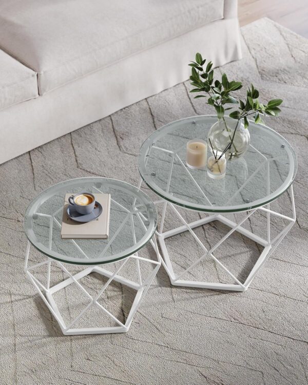 VASAGLE Set 2 masute rotunde, blat sticla securizata, cadru metalic alb, 40 si 50 cm, alb - imagine 7