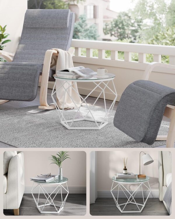 VASAGLE Set 2 masute rotunde, blat sticla securizata, cadru metalic alb, 40 si 50 cm, alb - imagine 8