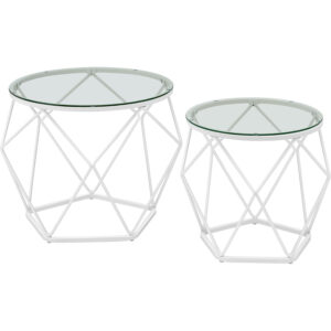 VASAGLE Set 2 masute rotunde, blat sticla securizata, cadru metalic alb, 40 si 50 cm, alb