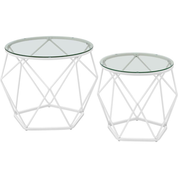 VASAGLE Set 2 masute rotunde, blat sticla securizata, cadru metalic alb, 40 si 50 cm, alb
