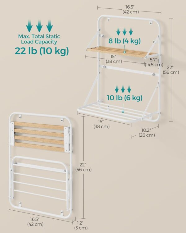 SONGMICS Suport prosoape pliabil de perete, cu 5 bare, polita de depozitare, otel, 10x17x22 cm, alb - imagine 2