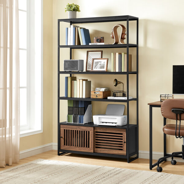 VASAGLE Biblioteca cu 5 rafturi si dulap, rama metalica si finisaj MDF nuc, 100x35x180 cm, negru - imagine 2