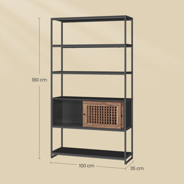 VASAGLE Biblioteca cu 5 rafturi si dulap, rama metalica si finisaj MDF nuc, 100x35x180 cm, negru - imagine 3