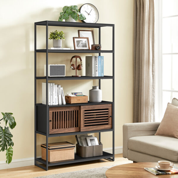 VASAGLE Biblioteca cu 5 rafturi si dulap, rama metalica si finisaj MDF nuc, 100x35x180 cm, negru - imagine 5