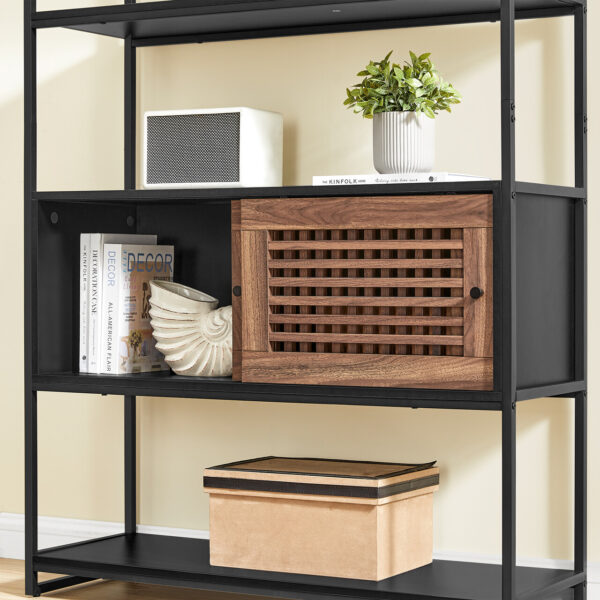 VASAGLE Biblioteca cu 5 rafturi si dulap, rama metalica si finisaj MDF nuc, 100x35x180 cm, negru - imagine 7