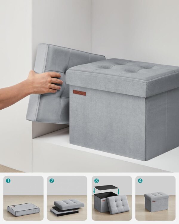 SONGMICS Taburet pliabil cu spatiu de depozitare, catifea matlasata, 31x41x31 cm, 130 kg, gri - imagine 6