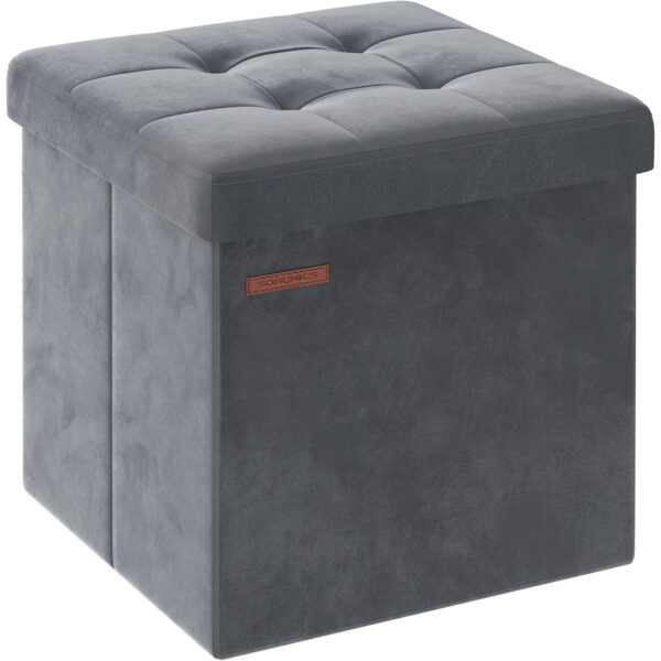 SONGMICS Taburet pliabil cu spatiu depozitare, tapiterie catifea, structura MDF, 38x38x38 cm, gri