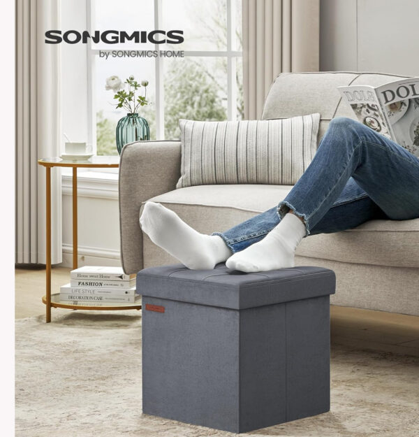 SONGMICS Taburet pliabil cu spatiu depozitare, tapiterie catifea, structura MDF, 38x38x38 cm, gri - imagine 3