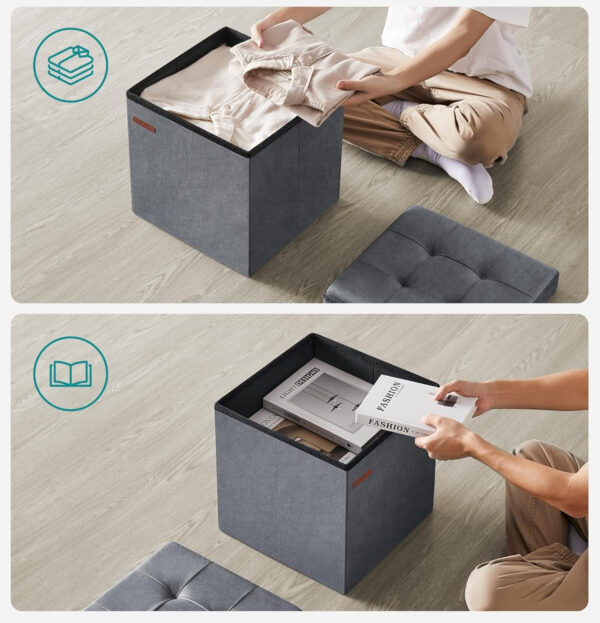 SONGMICS Taburet pliabil cu spatiu depozitare, tapiterie catifea, structura MDF, 38x38x38 cm, gri - imagine 5