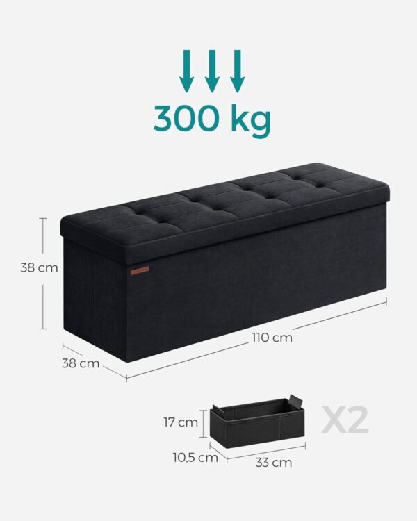 SONGMICS Bancuta pliabila cu spatiu de depozitare, catifea matlasata, 38x110x38 cm, capacitate 300 kg, negru - imagine 2