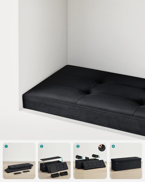 SONGMICS Bancuta pliabila cu spatiu de depozitare, catifea matlasata, 38x110x38 cm, capacitate 300 kg, negru - imagine 3