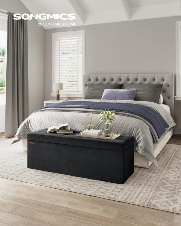 SONGMICS Bancuta pliabila cu spatiu de depozitare, catifea matlasata, 38x110x38 cm, capacitate 300 kg, negru - imagine 4