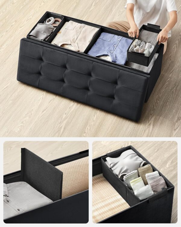 SONGMICS Bancuta pliabila cu spatiu de depozitare, catifea matlasata, 38x110x38 cm, capacitate 300 kg, negru - imagine 6