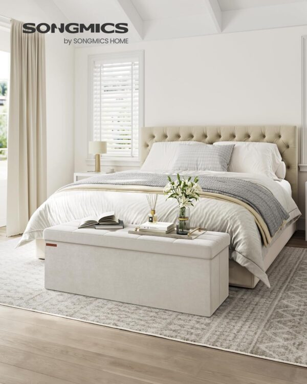 SONGMICS Bancuta pliabila cu spatiu de depozitare, catifea matlasata, 38x110x38 cm, capacitate 300 kg, alb cream - imagine 2