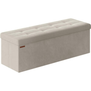 SONGMICS Bancuta pliabila cu spatiu de depozitare, catifea matlasata, 38x110x38 cm, capacitate 300 kg, alb cream
