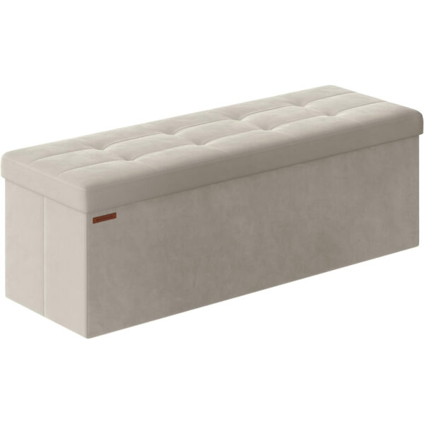 SONGMICS Bancuta pliabila cu spatiu de depozitare, catifea matlasata, 38x110x38 cm, capacitate 300 kg, alb cream