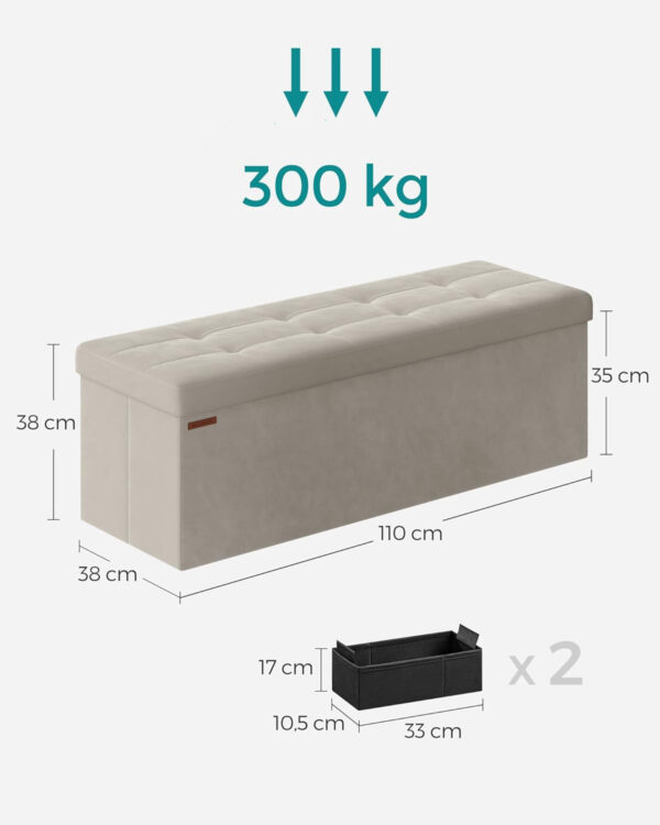 SONGMICS Bancuta pliabila cu spatiu de depozitare, catifea matlasata, 38x110x38 cm, capacitate 300 kg, alb cream - imagine 3
