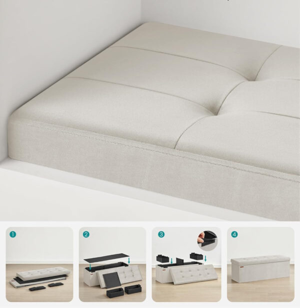 SONGMICS Bancuta pliabila cu spatiu de depozitare, catifea matlasata, 38x110x38 cm, capacitate 300 kg, alb cream - imagine 4