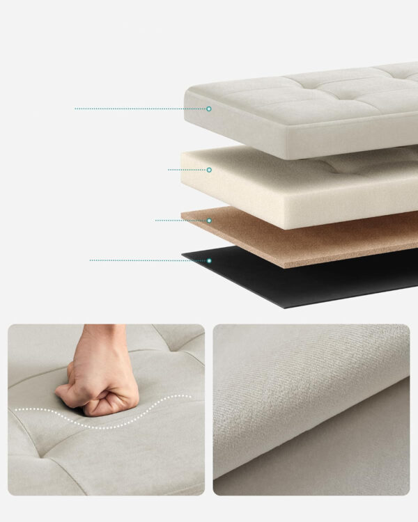 SONGMICS Bancuta pliabila cu spatiu de depozitare, catifea matlasata, 38x110x38 cm, capacitate 300 kg, alb cream - imagine 5