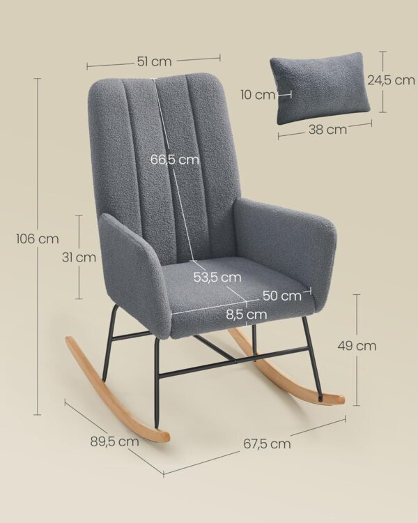 SONGMICS Fotoliu balansoar cu brate, cadru otel imbracat in fleece si picioare din lemn, 136 kg, gri - imagine 5