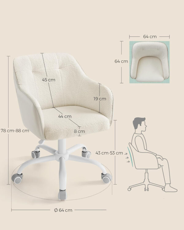 SONGMICS Scaun birou rotativ, reglabil pe inaltime, material sherpa si PU, cadru otel, 64x64x83-93 cm, bej - imagine 3