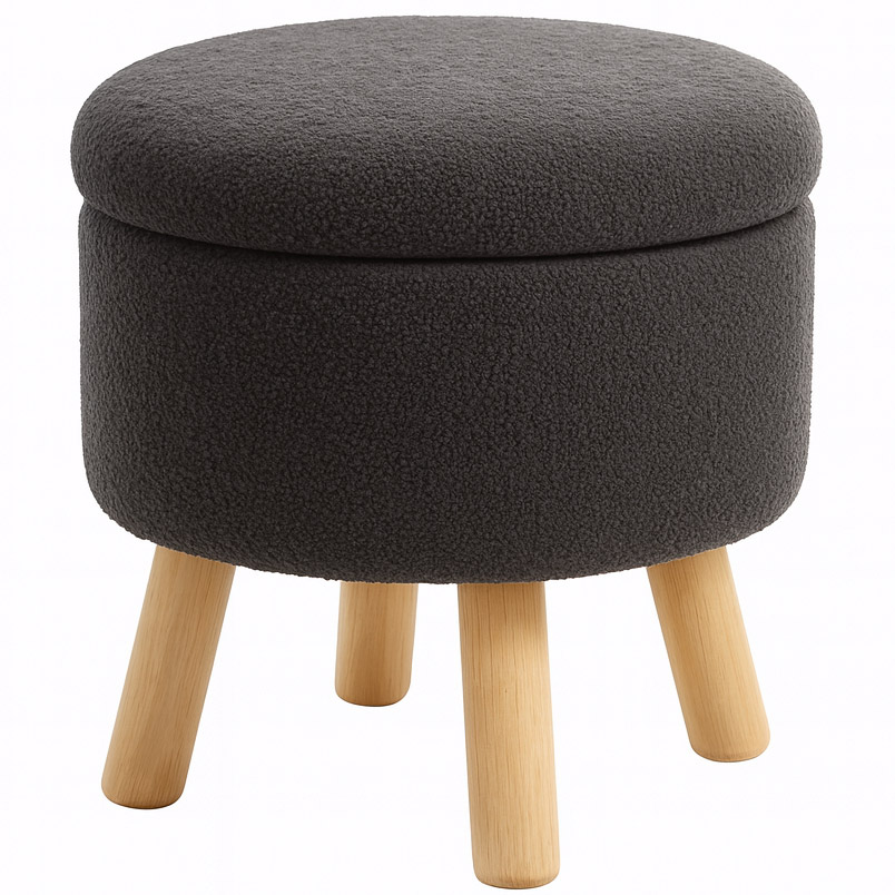 Taburet rotund cu picioare din lemn, tapiterie textila, 30x28 cm, gri