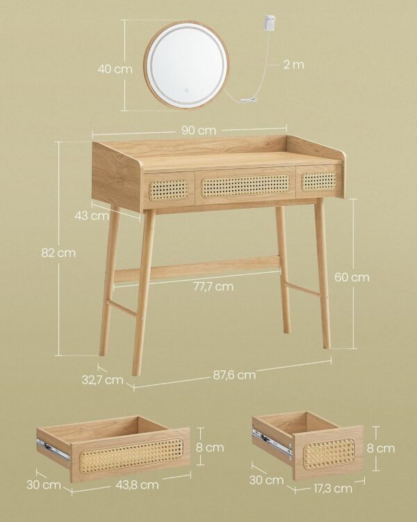 SONGMICS Masuta de toaleta cu oglinda iluminata LED, 3 sertare aspect ratan, stil boho, MDF si lemn, 80x43x135 cm, bej - imagine 2