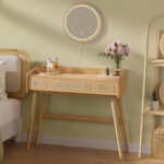 SONGMICS Masuta de toaleta cu oglinda iluminata LED, 3 sertare aspect ratan, stil boho, MDF si lemn, 80x43x135 cm, bej