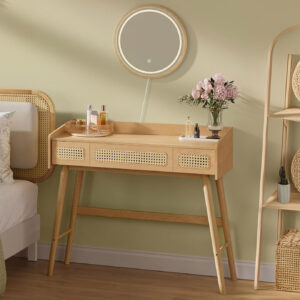 SONGMICS Masuta de toaleta cu oglinda iluminata LED, 3 sertare aspect ratan, stil boho, MDF si lemn, 80x43x135 cm, bej