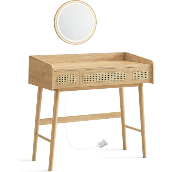 SONGMICS Masuta de toaleta cu oglinda iluminata LED, 3 sertare aspect ratan, stil boho, MDF si lemn, 80x43x135 cm, bej - imagine 6