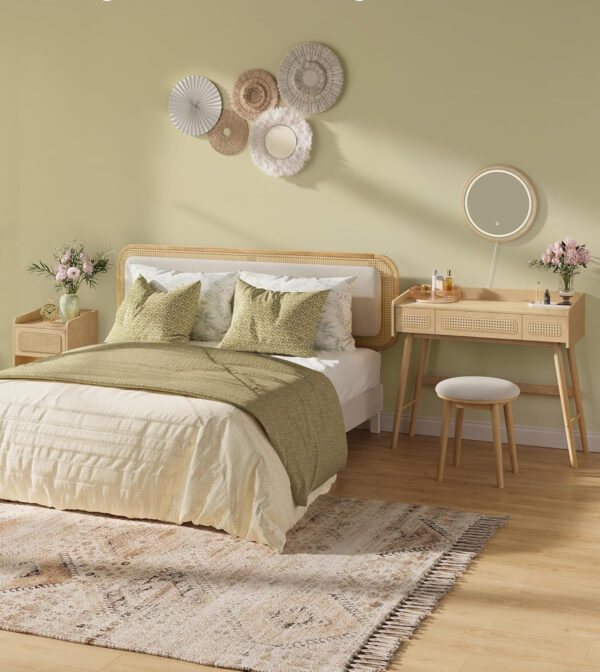 SONGMICS Masuta de toaleta cu oglinda iluminata LED, 3 sertare aspect ratan, stil boho, MDF si lemn, 80x43x135 cm, bej - imagine 5