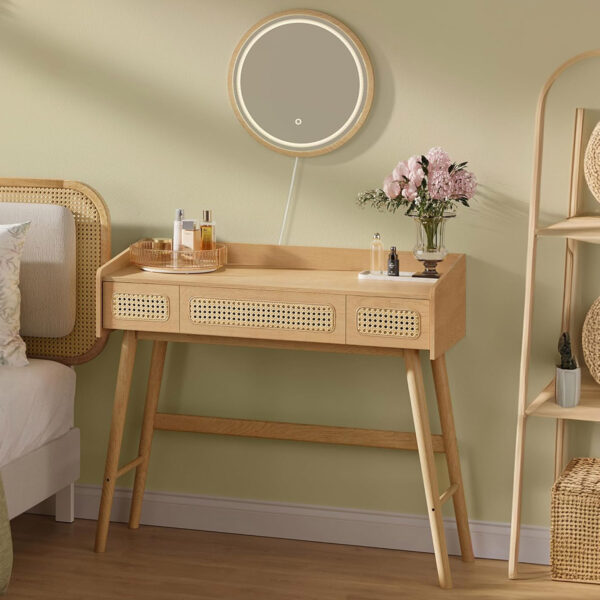 SONGMICS Masuta de toaleta cu oglinda iluminata LED, 3 sertare aspect ratan, stil boho, MDF si lemn, 80x43x135 cm, bej