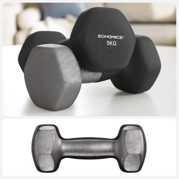 SONGMICS Set gantere hexagonale 2x5 kg, fonta cu invelis neopren, maner ergonomic antialunecare, negru - imagine 6