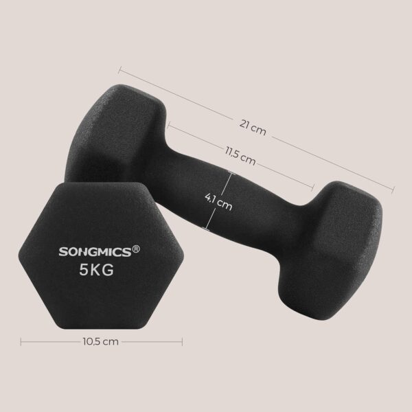 SONGMICS Set gantere hexagonale 2x5 kg, fonta cu invelis neopren, maner ergonomic antialunecare, negru - imagine 7
