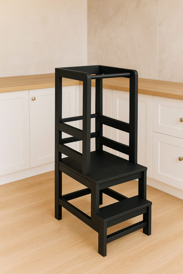 Turn de invatare inaltator multifunctional din lemn, platforma reglabila pe 3 inaltimi, 90x39x44 cm, negru - imagine 16