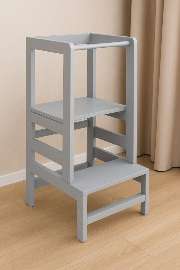 Turn de invatare inaltator multifunctional din lemn, platforma reglabila pe 3 inaltimi, 90x39x44 cm, gri - imagine 18