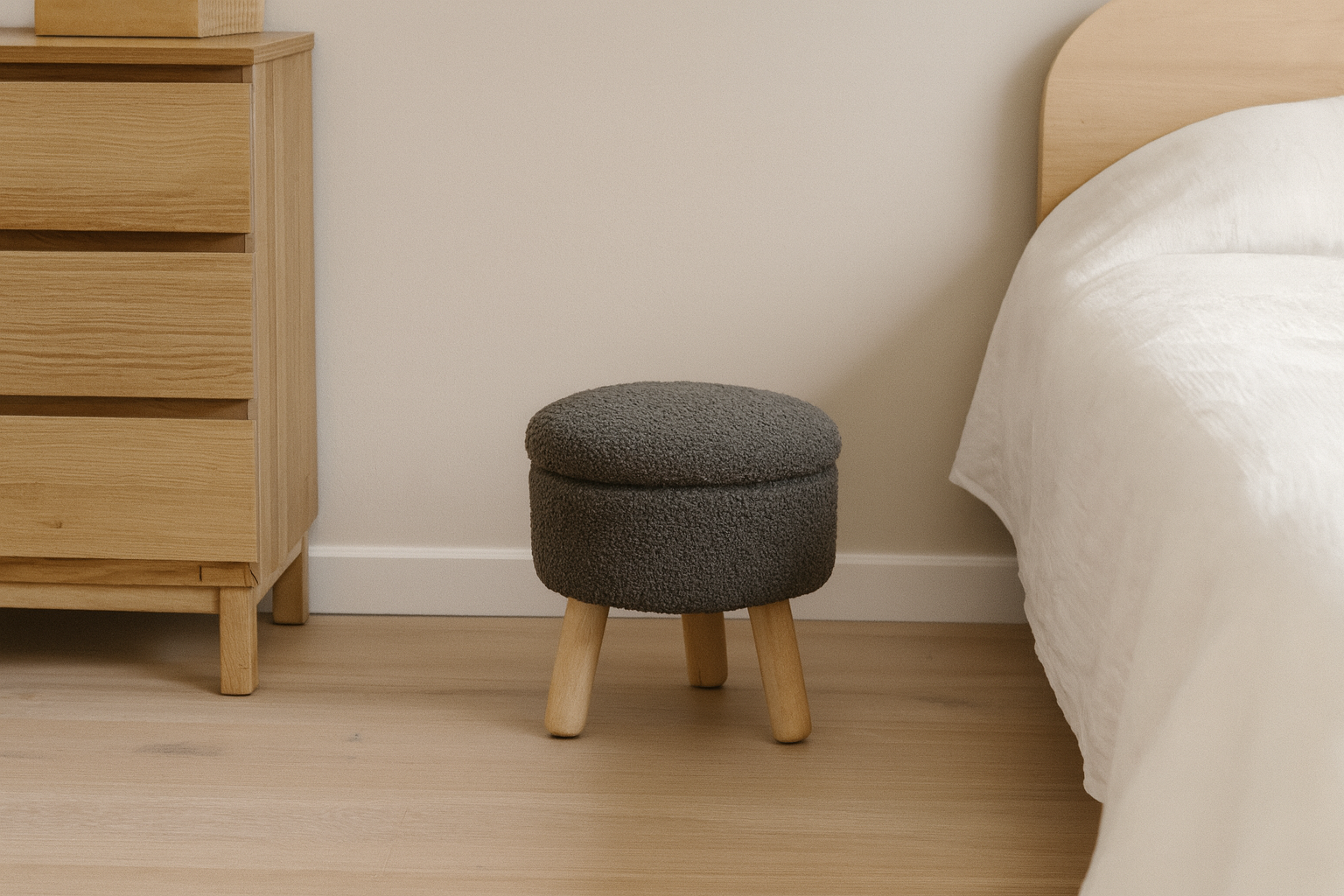 Taburet rotund cu picioare din lemn, tapiterie textila, 30x28 cm, gri - imagine 3