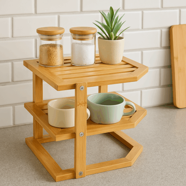 Etajera colt 5Five pentru bucatarie, 2 niveluri, bambus, 25x23x25 cm, maro natural - imagine 4