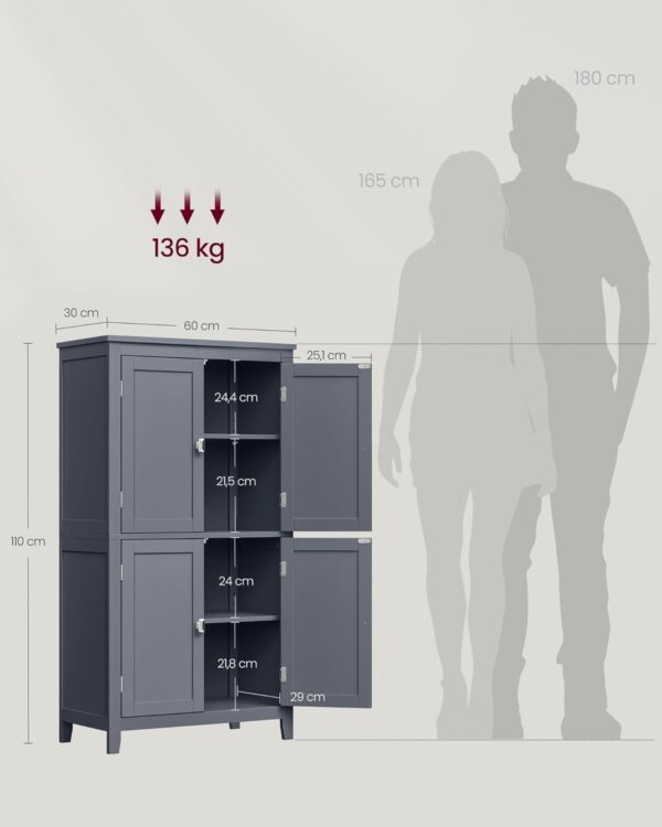 VASAGLE Dulap de baie, din MDF, cu 2 compartimente si 4 usi, rafturi reglabile, 30x60x110cm, gri inchis - imagine 3
