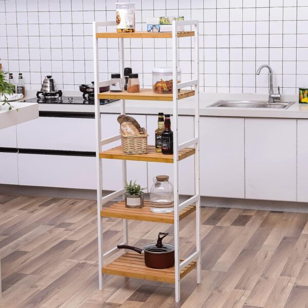 SONGMICS Etajera bambus 5 rafturi, pentru baie, bucatarie sau living, 45x32x142 cm, alb natur - imagine 6