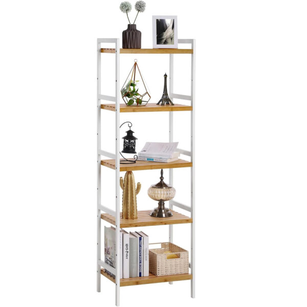 SONGMICS Etajera bambus 5 rafturi, pentru baie, bucatarie sau living, 45x32x142 cm, alb natur - imagine 7