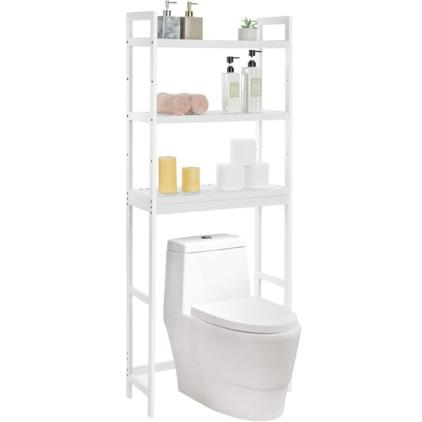 SONGMICS Raft de depozitare pentru baie, suprapunere peste masina spalat sau vas WC, din bambus, rafturi reglabile, 26x63x163 cm, alb - imagine 8