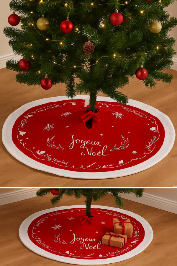 Covor decorativ pentru brad, din fetru matlasat, diametru 90 cm, rosu - imagine 3